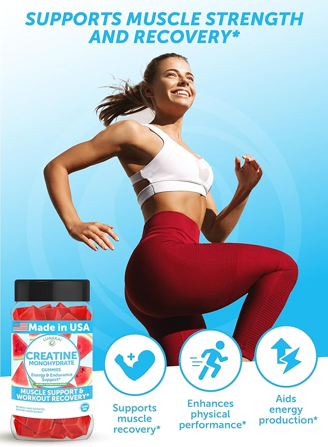 Lunakai USA Made Creatine Monohydrate Gummies for Women & Men – Vegan Creatine Gummies for Muscle & Recovery Support – Pre Workout Supplement, 60ct