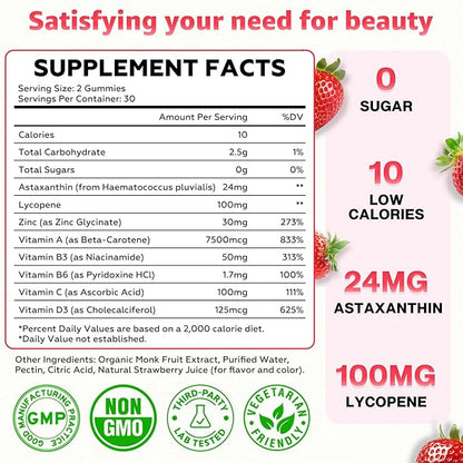 Tanning Gummies - Sugar Free Daily Tanning Gummies for Woman & Men, Self Tanning Melanin Supplements with Lycopene & Astaxanthin for Skin Health, Strawberries Flavor, 60 Count