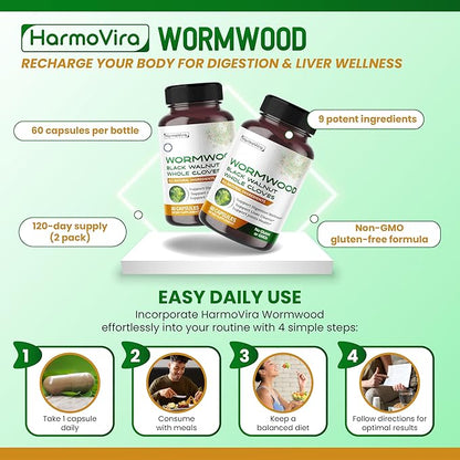 Wormwood Black Walnut Whole Cloves Ginger - Support Digestion Wellness, Liver Cleanse, Joints Health - 120-day Supply - Made in The USA