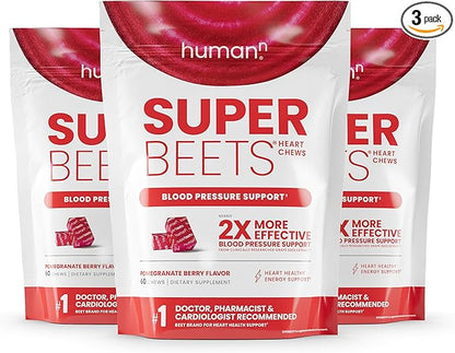 HumanN SuperBeets Heart Chews, Nitric Oxide and Blood Pressure Support, Grape Seed Extract & Non-GMO Beet Root Powder Energy, Pomegranate Berry Flavor, 180 Count