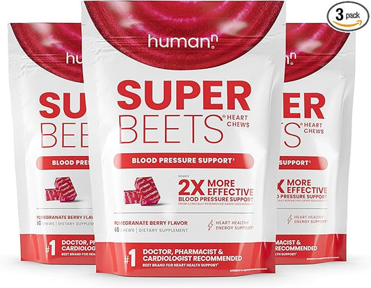 HumanN SuperBeets Heart Chews, Nitric Oxide and Blood Pressure Support, Grape Seed Extract & Non-GMO Beet Root Powder Energy, Pomegranate Berry Flavor, 180 Count