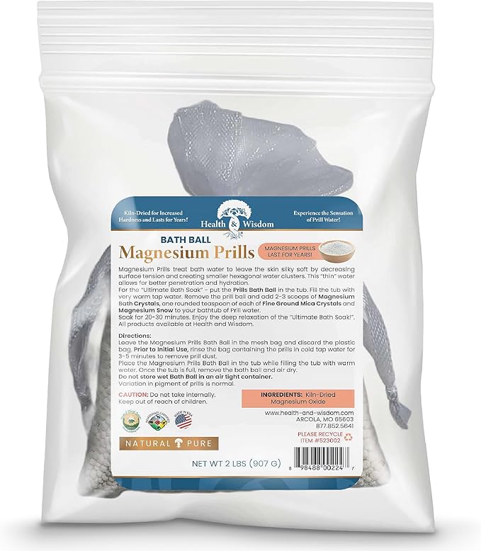 Health and Wisdom Magnesium Prills Bath Ball - Structured Water Devices, Magnesium Laundry Beads, Deionized Water, Mineral Magnesium Soak - 32 oz