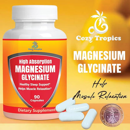 Pure Magnesium Glycinate Supplement - High Absorption, Vegan, Non-GMO Capsules for Stress Relief, Muscle, Nerve & Sleep Support, Energy Boost, Bone Health - Easy-to-Swallow - 90 Capsules