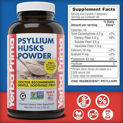 Yerba Prima Psyllium Husks Powder - 12 oz (Pack of 4) - Natural Fiber Supplement - Colon Cleanse - Gut Health - Vegan, Non-GMO, Gluten-Free (New Label - Packaging May Vary)