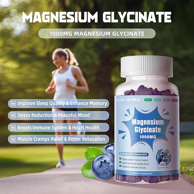 Magnesium Glycinate Gummies 1000mg - Sugar Free Magnesium Potassium Supplement with Vitamin D, B6, CoQ10 for Calm Mood & Sleep Support - 60 Blueberry Gummies