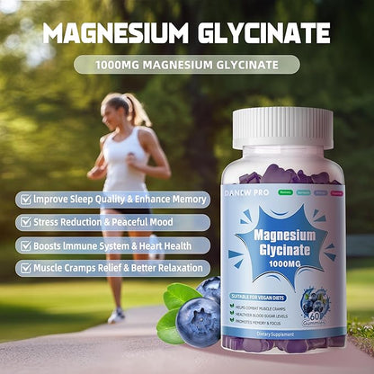 Magnesium Glycinate Gummies 1000mg - Sugar Free Magnesium Potassium Supplement with Vitamin D, B6, CoQ10 for Calm Mood & Sleep Support - 60 Blueberry Gummies
