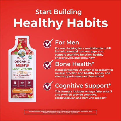 MaryRuth Organics Multivitamin for Men | USDA Organic | Sugar Free Mens Multivitamin Liposomal | Liquid Vitamins for Men | Immune Support Supplement & Overall Wellness | Vegan | 14-0.5 Fl Oz Pouches