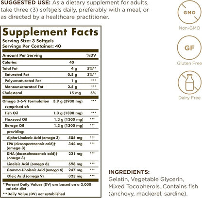 Solgar 1300 mg Omega 3-6-9 - 120 Softgels, Pack of 3 - Support for Joint & Skin Health - Non-GMO, Gluten Free - 120 Total Servings