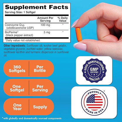 Health Thru Nutrition CoQ-10 100mg with BioPerine 360 Softgels | High Absorption Naturally Fermented USP Grade Coenzyme Q10 Supplement | 3rd Party Tested | Heart Health and Energy Support