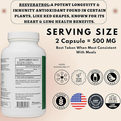 PRISTINE'S Resveratrol 500MG 75 Day Supply Anti Aging Antioxidant & Heart Health Supplement Capsules - Brain & Lung Health Benefits