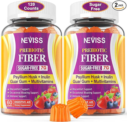 Fiber Gummies with Probiotics for Adults, 7G Soluble Fi ber + Insoluble Fi ber, Sugar Free with Psyllium Husk, Inulin, Fos, Multivitamins for Daily Digestive Health, Regularity Gut Support, Pack of 2