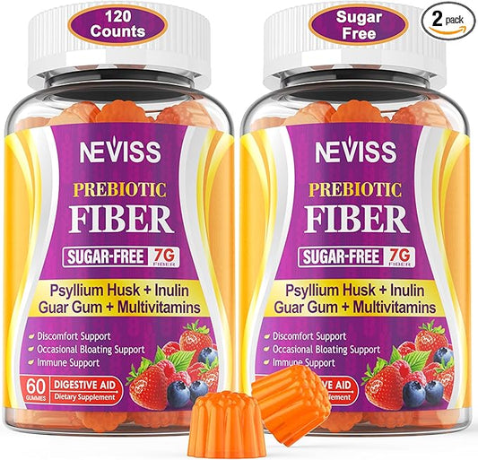 Fiber Gummies with Probiotics for Adults, 7G Soluble Fi ber + Insoluble Fi ber, Sugar Free with Psyllium Husk, Inulin, Fos, Multivitamins for Daily Digestive Health, Regularity Gut Support, Pack of 2