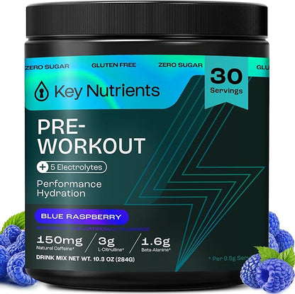 KEY NUTRIENTS Pre Workout Powder with 5 Electrolytes - Blue Raspberry No Sugar - 150mg Caffeine, L-Citrulline, Beta Alanine, L-Tyrosine - Natural Preworkout for Men & Women (30 Servings)