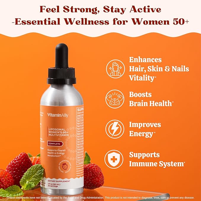 Liposomal Women's 50+ Liquid Multivitamin Drops | Non-GMO | Sugar Free | Supports Immunity, Overall Health and Energy | 30 Day Supply | 3 FL Oz (Natural Strawberry Flavor)