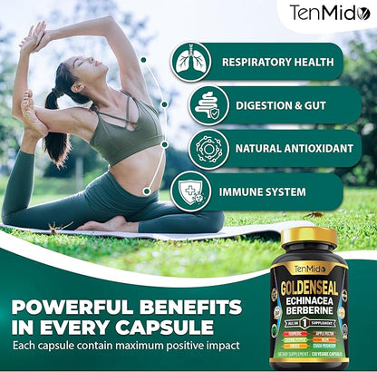 Goldenseal Root Supplement - 10in1 Formula - Combine with Echinacea, Berberine, Turmeric, Cayenne Pepper, Ginger, Apple Pectin, Neem, & More - Digestive Health Support - 120 Capsules