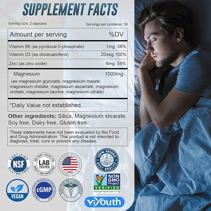 Glycinate Supplement, Magnesium 7 Complex Advanced with Citrate Malate Chelate Taurate Orotate Aspartate, Capsules with Zinc, Vitamin D3 & B6 for Sleep, Muscle Relief, 60 Capsules