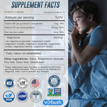 Glycinate Supplement, Magnesium 7 Complex Advanced with Citrate Malate Chelate Taurate Orotate Aspartate, Capsules with Zinc, Vitamin D3 & B6 for Sleep, Muscle Relief, 60 Capsules