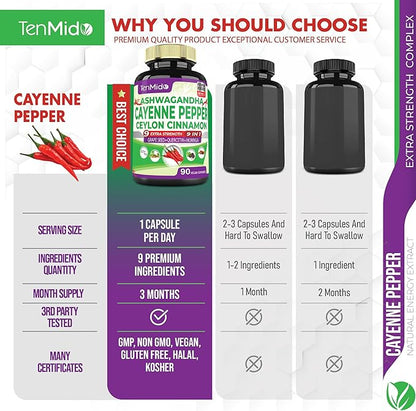 Cayenne Pepper Supplements Capsules, 3 Months Supply & Ashwagandha, Ceylon Cinnamon, Grape Seed, Quercetin, Moringa, Ginkgo Biloba - Heart Wellness, Promotes Digestive Health -90 Caps