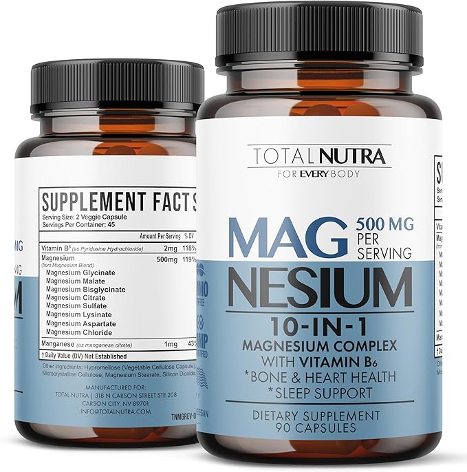 10-in-1 Magnesium Supplement 500 mg | High Absorption Magnesium Complex with Mag Glycinate, Citrate, Vitamin B6 Magnesium for Sleep, Muscle, Bone & Heart Health, Vegan & Gluten-Free, 45 Day Supply