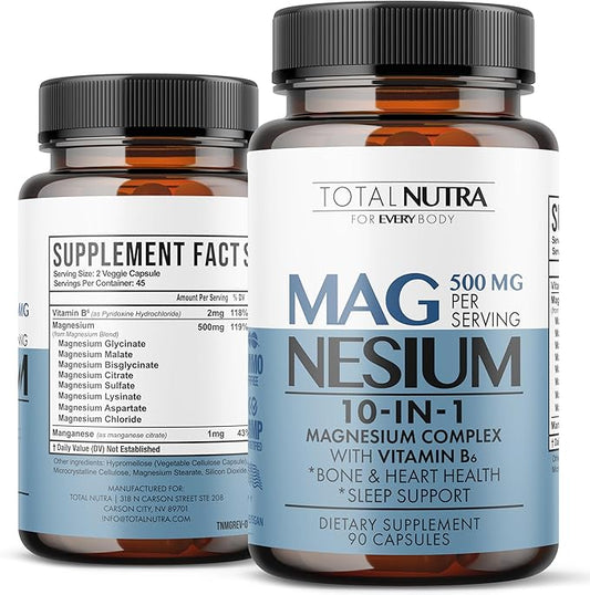 10-in-1 Magnesium Supplement 500 mg | High Absorption Magnesium Complex with Mag Glycinate, Citrate, Vitamin B6 Magnesium for Sleep, Muscle, Bone & Heart Health, Vegan & Gluten-Free, 45 Day Supply