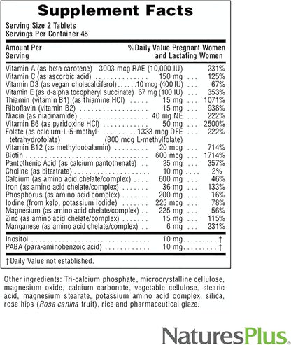 NaturesPlus Ultra Prenatal Multivitamin - 800 mcg Folate, 90 Vegetarian Tablets - Prenatal Supplement with Iron, Iodine, Calcium & B-Complex Vitamins - Gluten-Free - 45 Servings
