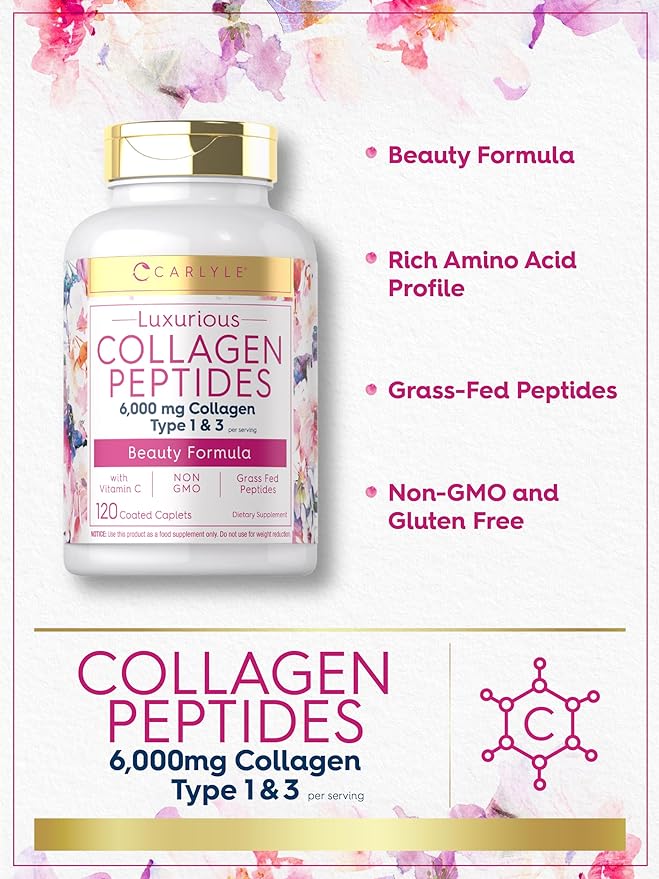 Carlyle Collagen with Vitamin C | 6000mg | 120 Caplets | Multi Collagen Peptide Pills | Type 1 and 3 | Non-GMO, Gluten Free, Grass Fed