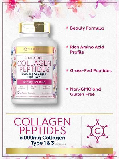 Carlyle Collagen with Vitamin C | 6000mg | 120 Caplets | Multi Collagen Peptide Pills | Type 1 and 3 | Non-GMO, Gluten Free, Grass Fed