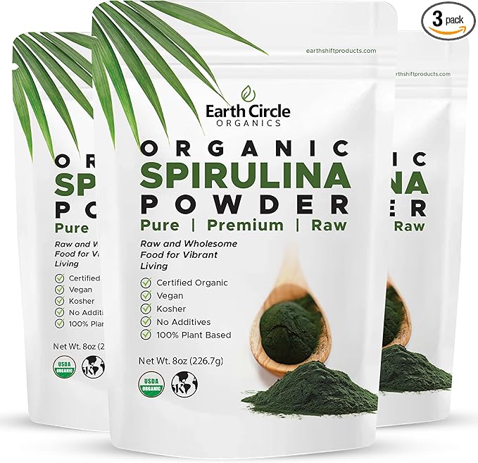 Earth Circle Organics Spirulina Powder, Kosher, Raw and Non-Irradiated | Pure Vegan Protein | Premium Energy Superfood, High Amino Acids and Antioxidants - (8oz - 3 Pack)