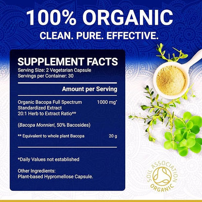 Bacopa Monnieri Supplement - Bacopa Supplements | USDA Organic Bacopa Monnieri Organic | 20X Concentrated Extract | 50% Bacosides | Brahmi Capsules | 60 Bacopa Monnieri Capsules | Bacopa Extract
