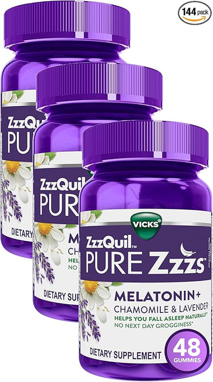 ZzzQuil Pure Zzzs, Melatonin Sleep Aid Gummies with Lavender, Valerian Root and Chamomile, Natural Wildberry Vanilla Flavor, Non-Habit Forming, Drug-Free, 48 Count (Pack of 3)