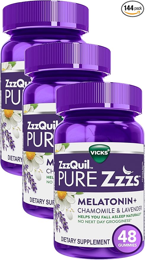 ZzzQuil Pure Zzzs, Melatonin Sleep Aid Gummies with Lavender, Valerian Root and Chamomile, Natural Wildberry Vanilla Flavor, Non-Habit Forming, Drug-Free, 48 Count (Pack of 3)