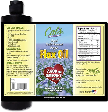Cal's Flax Oil, Cold-Pressed Flaxseed, High in Omega-3 Fatty Acid, Unrefined Flaxseed Oil, Essential Flaxseed Oil Liquid Supplement for Joint, Skin, and Heart Health Support - 16 oz
