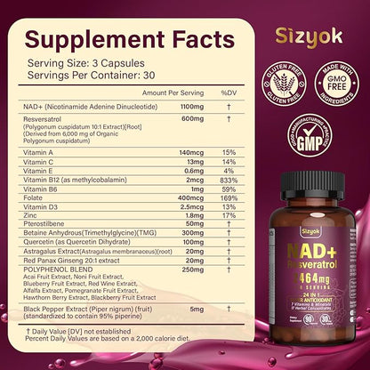 NAD Supplement 1100mg Pure Organic, Liposomal NAD Resveratrol Supplement for Women and Men, Boosts NAD+ Levels, Helps Aging Defense, Cellular Energy & Focus, Ultra-Antioxidant 90 Capsules, 2 Pack