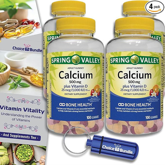 Spring Valley Calcium 500 mg Plus Vitamin D 25 mcg Bone Health Dietary Supplement Gummies, 100 Ct 4 pk (400 Total) + Vitamin Guide and Pill Container (6 Items)!