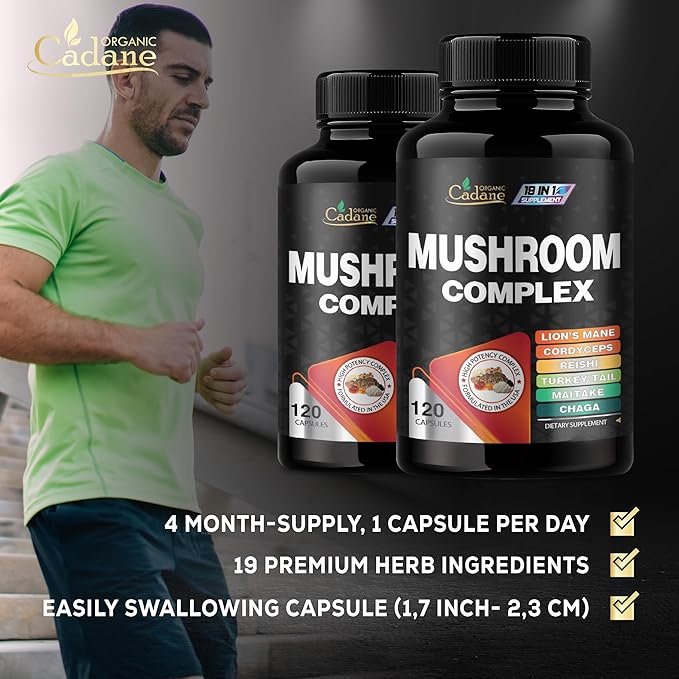 Cadane Mushroom Complex Supplements - 19in1 Concentrated with Lions Mane, Cordyceps Sinensis, Reishi, Turkey Tail Mushroom, Maitake, Chaga, Shiitake, Enoki & More - 120 Caps for 4 Months Supply