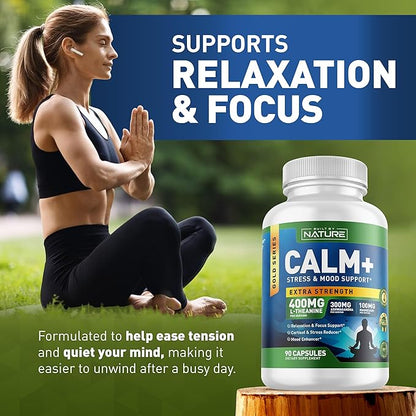 Built by Nature Calm+ Relaxation & Focus – Stress, Cortisol & Mood Support – Calm Supplement with L-Theanine, Ashwagandha, Magnesium Glycinate, Vitamin D3 – 90 Capsules