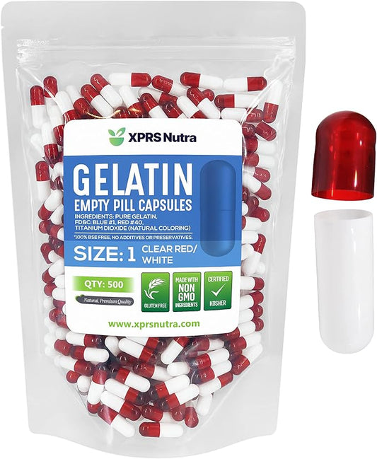 XPRS Nutra Size 1 Empty Capsules - 500 Count Empty Gelatin Capsules - Pill DIY Capsule Filling - Pure Bovine Pill Gel Caps for Do-It-Yourself Supplements (Clear Red/White)