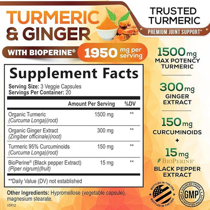 Turmeric Curcumin Supplement 1950mg with Organic Turmeric & Ginger, 95% Curcuminoids, BioPerine Black Pepper for Best Absorption, Nature's Vegan Joint Support, Non-GMO, Bottled in USA - 60 Capsules