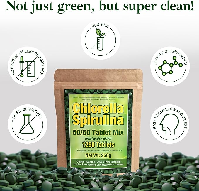 Good Natured Premium Spirulina and Chlorella Capsules 1,250 Tablets, Non-GMO, Vegan Organic Chlorella Tablets, Sunlight Grown, Cracked Cell Wall, High Protein, Heavy Metal Detox