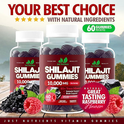 Shilajit Gummies 10,000mg for Men & Women - Maximum Strength Pure Himalayan Shilajit, Gluten-Free, Non-GMO, 100% Vegetarian - Natural Raspberry Flavor - 60 Count