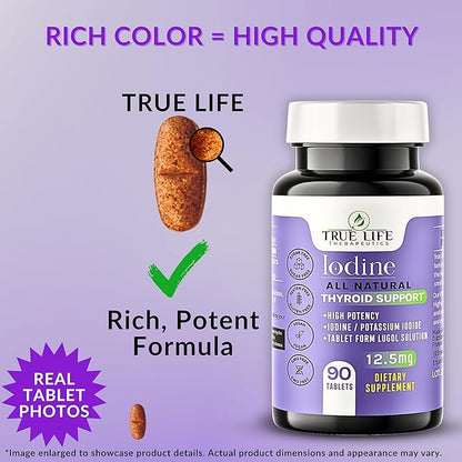 Lugol's Iodine Tablets 12.5mg x 90 ct - Reddish Brown Stable Iodine + Potassium Iodide Formula, Masks Bitter Liquid Taste, Thyroid Support, Detox, Breast Health - No Preservative, Non-GMO, Gluten-free
