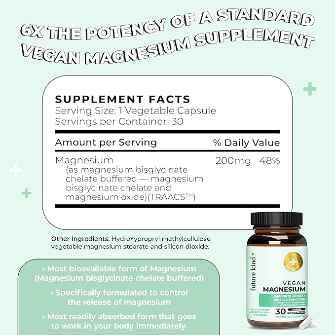 Future Kind Vegan Chelated Magnesium Supplement - Most Bioavailable & 6X More Potent Magnesium Capsules - Supports Sleep, Energy & Muscle Functions (30ct)