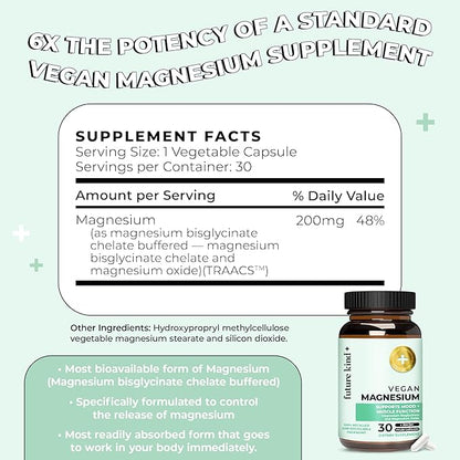 Future Kind Vegan Chelated Magnesium Supplement - Most Bioavailable & 6X More Potent Magnesium Capsules - Supports Sleep, Energy & Muscle Functions (30ct)