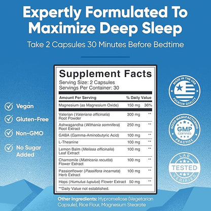 Sleep Easy Natural Sleep Aid Supplement | Magnesium, Ashwagandha, GABA, L-Theanine & 5 Calming Herbs | Melatonin-Free & Non-Habit Forming (60 Capsules)