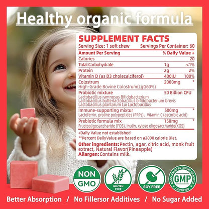 Bovine Colostrum Chews Supplement with probiotics for Gut Health, Bloating, Immune Support, Skin, Hair Growth and Beauty - Strawberry Flavor (60 Servings)