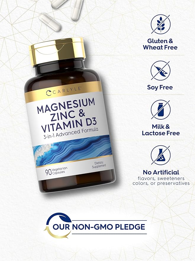 Carlyle Magnesium Zinc and Vitamin D3 | 90 Capsules | 3-in-1 Advanced Formula | Vegetarian, Non-GMO and Gluten Free