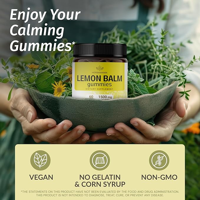 HERBAMAMA Lemon Balm Calming Gummies - 1500mg Lemon Balm Herb for Calm Support - Vegan, Non-GMO Relaxation Supplement with Melissa Officinalis Leaves - 60 Pectin-Based Banana-Flavored Chews
