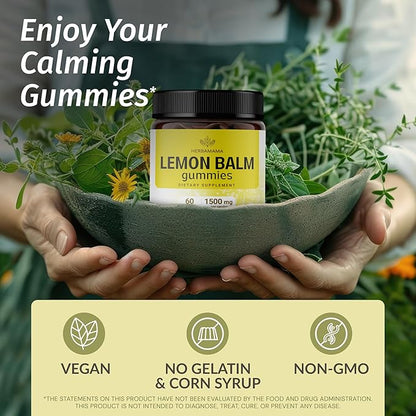 HERBAMAMA Lemon Balm Calming Gummies - 1500mg Lemon Balm Herb for Calm Support - Vegan, Non-GMO Relaxation Supplement with Melissa Officinalis Leaves - 60 Pectin-Based Banana-Flavored Chews