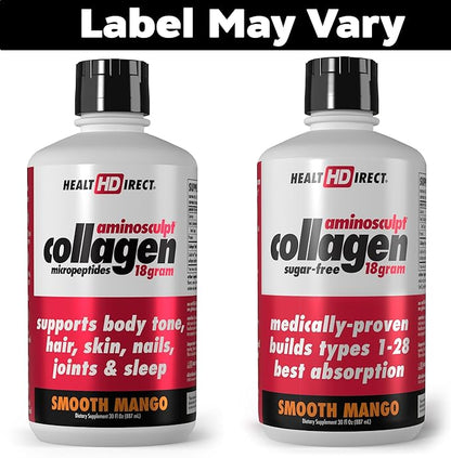 HEALTH DIRECT AminoSculpt Sugar-Free Collagen Supplement - High Potency Medical-Grade Protein for Hair, Skin, Nails & Joints, Grass-Fed, Non-GMO, Liquid Collagen - Smooth Mango - 30 Fl Oz