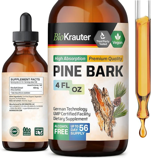 BIO KRAUTER Pine Bark Extract - Rich in Antioxidants Liquid Supplement - 400 mg French Maritime Pine Bark Extract Drops - Vegan, Alcohol & Sugar Free - 4 Fl Oz